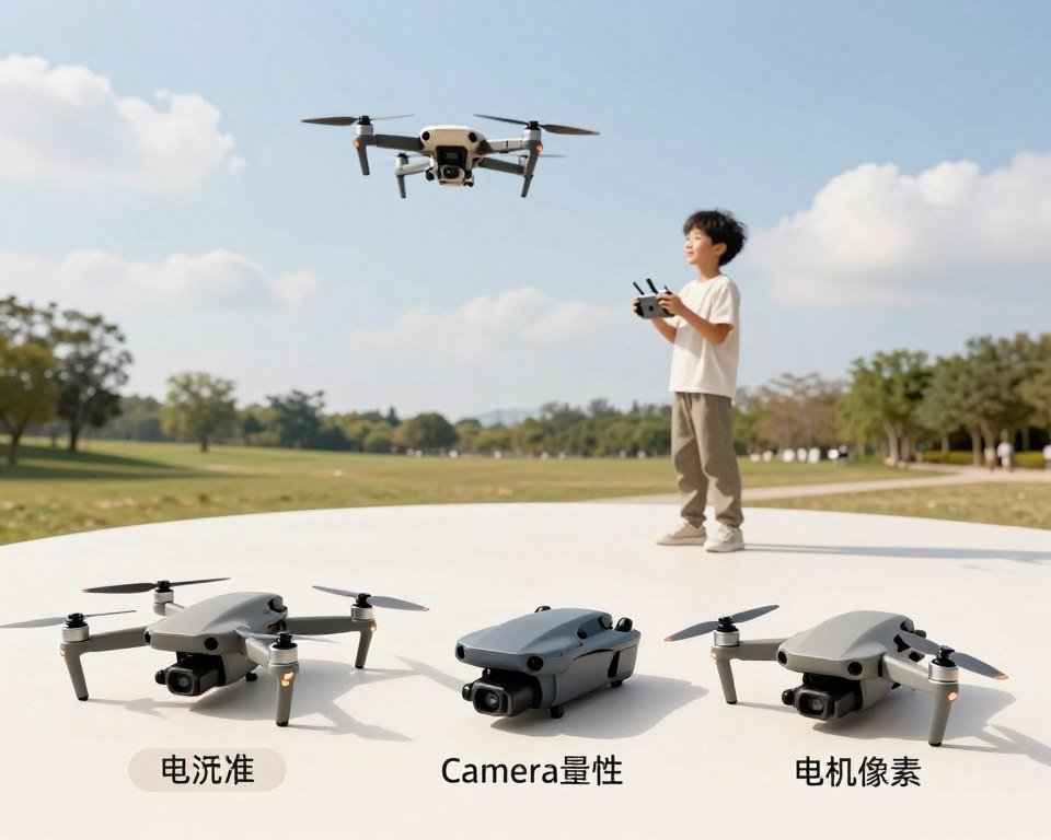 A detailed comparison illustration of beginner drones set against a bright, open sky. In the foreground, three distinctive beginner drone models are showcased, each labeled with subtle highlights that emphasize their key features such as camera quality, battery life, and usability. In the middle ground, a smooth landscape with a clear view of a park where a beginner pilot, dressed in modest casual attire, is flying one of the drones, showcasing ease of control. The background features distant trees and a soft, cloud-dotted sky, providing a tranquil atmosphere. The lighting is bright and natural, casting gentle shadows to enhance the realistic look. The camera angle is slightly elevated, creating a dynamic perspective that captures both the pilot and the drones beautifully. A detailed comparison illustration of beginner drones set against a bright, open sky. In the foreground, three distinctive beginner drone models are showcased, each labeled with subtle highlights that emphasize their key features such as camera quality, battery life, and usability. In the middle ground, a smooth landscape with a clear view of a park where a beginner pilot, dressed in modest casual attire, is flying one of the drones, showcasing ease of control. The background features distant trees and a soft, cloud-dotted sky, providing a tranquil atmosphere. The lighting is bright and natural, casting gentle shadows to enhance the realistic look. The camera angle is slightly elevated, creating a dynamic perspective that captures both the pilot and the drones beautifully.