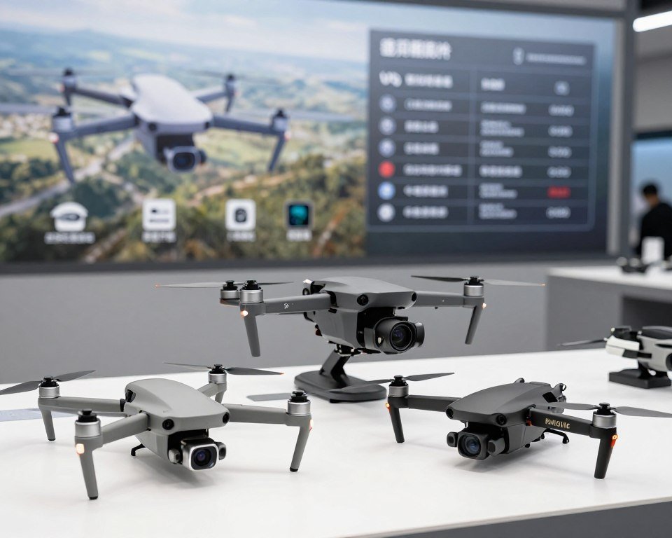 A detailed comparison of drones displayed in a stylish and informative manner. In the foreground, three distinct drone models are featured: a compact, sleek drone with an automatic rotation feature, a larger, camera-equipped model, and a racing drone with streamlined design. Each drone showcases its unique characteristics, such as camera specs, battery life, and flight capabilities through visual icons. In the middle, a blurred technical chart contrasts the features of each model, enhancing comprehension. The background features a soft-focus aerial landscape that accentuates the drones' capabilities. Bright, diffused lighting illuminates the drones, creating a professional and tech-savvy atmosphere, reminiscent of a high-tech workshop. The composition is dynamic, utilizing a low-angle view to emphasize the drones while maintaining a clean aesthetic with no distractions.