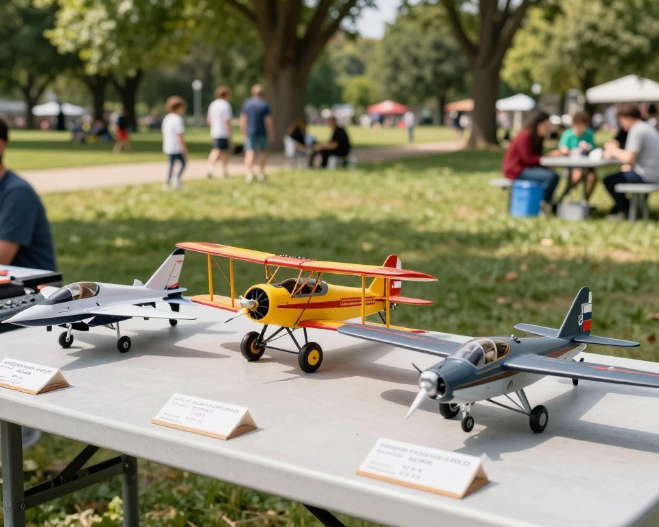 A detailed comparison of remote control (RC) airplanes displayed side by side on a park picnic table, with a close-up view focusing on various models showcasing their designs and features. The foreground features three distinct RC airplanes: a sleek jet, a colorful biplane, and a rugged glider, each accompanied by price tags for easy comparison. In the middle ground, a blurred background of a sunny park scene with trees and families enjoying the outdoors. The lighting is bright and natural, casting soft shadows to emphasize the textures of the airplanes. The mood is lively and cheerful, evoking a sense of outdoor fun and hobbyist community. Park visitors can be seen in modest casual clothing, engaging with their RC models. Capture the scene from a slightly elevated angle to provide depth and clarity.