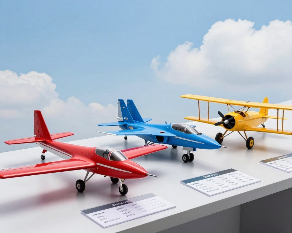 A detailed comparison of remote control airplanes arranged in a sleek, modern display. In the foreground, feature three distinct RC airplane models, each showcasing unique designs and colors, such as a vibrant red glider, a sleek blue fighter jet, and a classic yellow bi-plane. In the middle ground, display a table with specifications like wing span, weight, and battery life, highlighted with glossy details. The background shows a clear blue sky, suggesting an outdoor flying environment, with a few fluffy clouds adding depth. Soft, natural lighting illuminates the scene, creating an inviting and informative atmosphere. The camera angle should be slightly elevated, providing a comprehensive view and emphasizing the planes' features without any text or overlays. A detailed comparison of remote control airplanes arranged in a sleek, modern display. In the foreground, feature three distinct RC airplane models, each showcasing unique designs and colors, such as a vibrant red glider, a sleek blue fighter jet, and a classic yellow bi-plane. In the middle ground, display a table with specifications like wing span, weight, and battery life, highlighted with glossy details. The background shows a clear blue sky, suggesting an outdoor flying environment, with a few fluffy clouds adding depth. Soft, natural lighting illuminates the scene, creating an inviting and informative atmosphere. The camera angle should be slightly elevated, providing a comprehensive view and emphasizing the planes' features without any text or overlays.