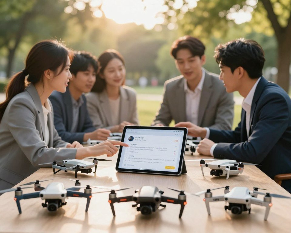 A detailed comparison of toy drones based on user reviews, visually represented in an engaging and informative manner. In the foreground, display a variety of colorful toy drones in different sizes and designs, showcasing their features such as propellers and cameras. In the middle ground, include a diverse group of individuals (dressed in professional business attire) engaged in discussions, pointing at a digital tablet displaying drone ratings and reviews. The background features a serene park setting, with soft afternoon sunlight filtering through the trees, creating a warm and inviting atmosphere. Utilize a shallow depth of field to emphasize the drones and people while keeping the background slightly blurred. The overall mood should be friendly and collaborative, highlighting the community aspect of sharing user experiences. A detailed comparison of toy drones based on user reviews, visually represented in an engaging and informative manner. In the foreground, display a variety of colorful toy drones in different sizes and designs, showcasing their features such as propellers and cameras. In the middle ground, include a diverse group of individuals (dressed in professional business attire) engaged in discussions, pointing at a digital tablet displaying drone ratings and reviews. The background features a serene park setting, with soft afternoon sunlight filtering through the trees, creating a warm and inviting atmosphere. Utilize a shallow depth of field to emphasize the drones and people while keeping the background slightly blurred. The overall mood should be friendly and collaborative, highlighting the community aspect of sharing user experiences.