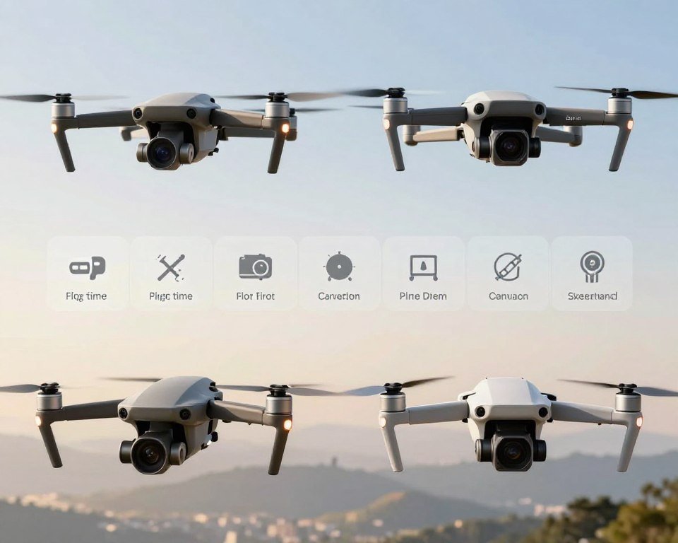 A detailed comparison of various drones featuring cameras and sensors, arranged prominently in the foreground. Display at least three different quadcopters, each showcasing distinctive designs and features such as integrated cameras, sensor pods, and propeller configurations. In the middle ground, incorporate informative icons or graphs that highlight their key functionalities like flight time, camera resolution, and sensor capabilities. The background should have a soft gradient, suggesting a tech-savvy environment, perhaps with faint outlines of aerial landscapes. Use soft, natural lighting to emphasize details and textures of the drones, providing a professional and polished look. Aim for a clean composition that reflects innovation in drone technology, fostering a sense of excitement and curiosity. A detailed comparison of various drones featuring cameras and sensors, arranged prominently in the foreground. Display at least three different quadcopters, each showcasing distinctive designs and features such as integrated cameras, sensor pods, and propeller configurations. In the middle ground, incorporate informative icons or graphs that highlight their key functionalities like flight time, camera resolution, and sensor capabilities. The background should have a soft gradient, suggesting a tech-savvy environment, perhaps with faint outlines of aerial landscapes. Use soft, natural lighting to emphasize details and textures of the drones, providing a professional and polished look. Aim for a clean composition that reflects innovation in drone technology, fostering a sense of excitement and curiosity.