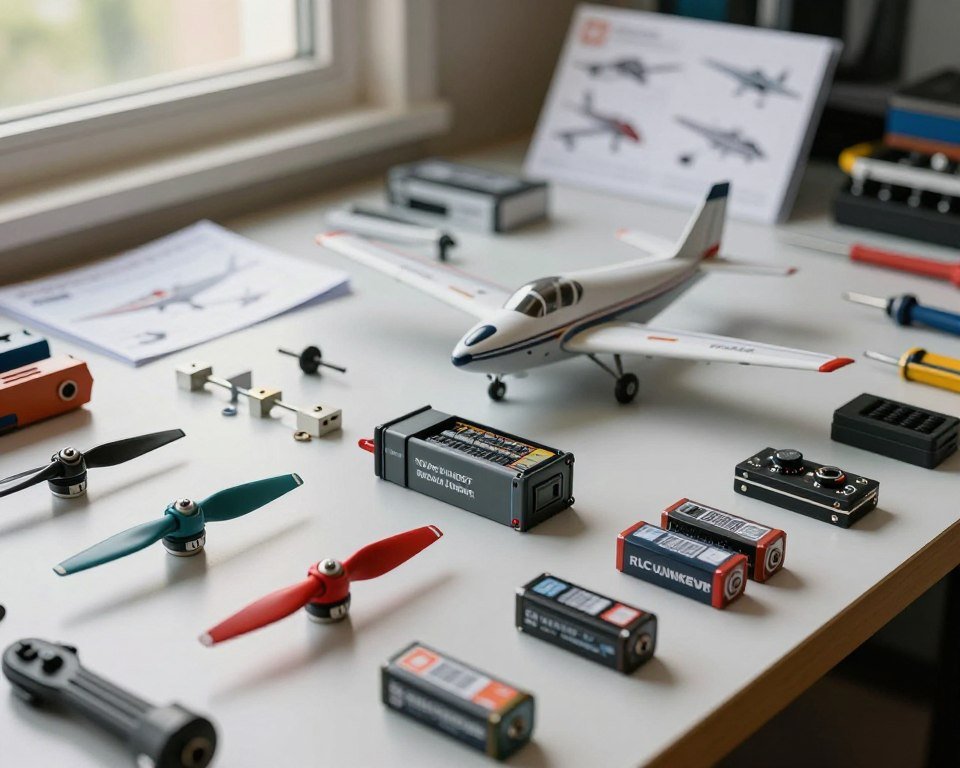 A detailed composition featuring an array of RC airplane accessories and spare parts displayed on a clean workbench. In the foreground, showcase a variety of colorful propellers, batteries, and electronic components arranged neatly. The middle layer includes a high-quality RC airplane, emphasizing its sleek design and rechargeable battery compartment. In the background, softly blurred tools and instructional manuals create an organized, workshop atmosphere. Natural lighting filters through a nearby window, casting gentle shadows and highlighting the textures of the materials. The mood is focused and professional, suggesting an engaging crafting environment for RC enthusiasts. Overall, the image should evoke a sense of precision and excitement about customizing and upgrading RC airplanes. A detailed composition featuring an array of RC airplane accessories and spare parts displayed on a clean workbench. In the foreground, showcase a variety of colorful propellers, batteries, and electronic components arranged neatly. The middle layer includes a high-quality RC airplane, emphasizing its sleek design and rechargeable battery compartment. In the background, softly blurred tools and instructional manuals create an organized, workshop atmosphere. Natural lighting filters through a nearby window, casting gentle shadows and highlighting the textures of the materials. The mood is focused and professional, suggesting an engaging crafting environment for RC enthusiasts. Overall, the image should evoke a sense of precision and excitement about customizing and upgrading RC airplanes.