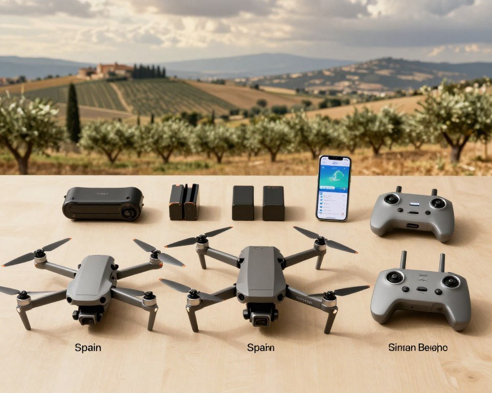 A detailed flat lay composition showcasing a selection of various drones suitable for buyers in Spain. The foreground features three distinct drone models: a compact quadcopter, a professional aerial photography drone, and a beginner-friendly option, each with labeling highlighting key features (without text). The middle ground includes additional drone accessories like batteries, a remote controller, and a smartphone app interface. In the background, a soft-focus landscape of a scenic Spanish countryside with olive groves and rolling hills evokes a sense of adventure. Light filtering through cloud cover creates a warm, inviting atmosphere. The image is shot from a top-down angle, ensuring an organized and aesthetically pleasing layout, emphasizing the theme of choice for potential drone buyers.
