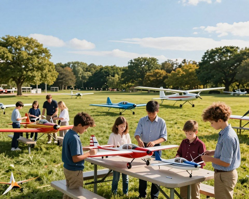 A detailed guide on RC airplanes for beginners, showcasing a vibrant, sunny outdoor setting with a clear blue sky. In the foreground, a diverse group of novice pilots, dressed in casual yet tidy attire, are inspecting a range of colorful RC airplanes on a picnic table. The middle ground features various models of RC planes, highlighting different sizes and designs, including trainers and gliders, displayed attractively. The background captures a lush green park, adding a sense of leisure and excitement. Soft, afternoon sunlight casts warm shadows, creating an inviting atmosphere filled with enthusiasm and camaraderie. The composition conveys a sense of exploration and learning, urging beginners to engage with the hobby.