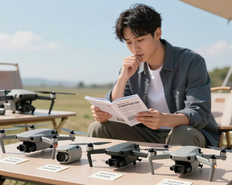 A detailed illustration depicting common mistakes when choosing a drone. In the foreground, display an assortment of drones arranged on a table, showcasing various sizes and designs, some with note cards highlighting key features like camera quality, flight time, and stability. In the middle ground, a focused individual analyzes a brochure, taking notes and appearing contemplative, dressed in smart casual attire. In the background, an outdoor environment with a clear blue sky and soft sunlight casting gentle shadows, symbolizes an ideal testing ground for drones. The atmosphere should convey a sense of careful consideration and informed decision-making, capturing the importance of choosing the right drone thoughtfully. A detailed illustration depicting common mistakes when choosing a drone. In the foreground, display an assortment of drones arranged on a table, showcasing various sizes and designs, some with note cards highlighting key features like camera quality, flight time, and stability. In the middle ground, a focused individual analyzes a brochure, taking notes and appearing contemplative, dressed in smart casual attire. In the background, an outdoor environment with a clear blue sky and soft sunlight casting gentle shadows, symbolizes an ideal testing ground for drones. The atmosphere should convey a sense of careful consideration and informed decision-making, capturing the importance of choosing the right drone thoughtfully.