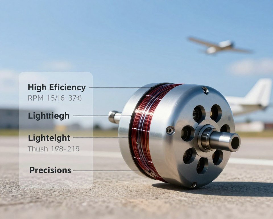 A detailed illustration of a brushless motor designed for a remote-controlled airplane, positioned prominently in the foreground. The motor showcases its sleek housing and intricate winding, with labels highlighting key features such as high efficiency, lightweight design, and precision engineering. In the middle ground, a semi-transparent layer reveals technical specifications, like RPM and thrust ratings, while a blurred background depicts an outdoor setting with a clear blue sky, hinting at flight. The lighting is bright and dynamic, accentuating the metallic surfaces of the motor and casting soft shadows. The atmosphere is energetic, reflecting innovation and technology, with an emphasis on the motor’s importance in enhancing the performance of RC aircraft. A detailed illustration of a brushless motor designed for a remote-controlled airplane, positioned prominently in the foreground. The motor showcases its sleek housing and intricate winding, with labels highlighting key features such as high efficiency, lightweight design, and precision engineering. In the middle ground, a semi-transparent layer reveals technical specifications, like RPM and thrust ratings, while a blurred background depicts an outdoor setting with a clear blue sky, hinting at flight. The lighting is bright and dynamic, accentuating the metallic surfaces of the motor and casting soft shadows. The atmosphere is energetic, reflecting innovation and technology, with an emphasis on the motor’s importance in enhancing the performance of RC aircraft.
