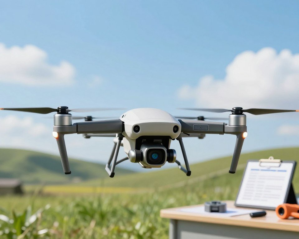 A detailed illustration of a drone equipped with the hovering mode feature, positioned in the foreground against a clean, blue sky. The drone showcases its sleek design, with visible propellers and high-tech sensors. In the middle ground, a safe and open outdoor environment is depicted, with soft green grass and gentle hills. In the background, a few clouds float, emphasizing a serene atmosphere. The lighting is bright and sunny, casting soft shadows that enhance the drone's contours. To the side, incorporate visual elements of safety and maintenance, such as a checklist and tools laid out neatly on a table. The overall mood of the image is professional, informative, and engaging, conveying essential tips for using, maintaining, and ensuring safety with drones in hovering mode. A detailed illustration of a drone equipped with the hovering mode feature, positioned in the foreground against a clean, blue sky. The drone showcases its sleek design, with visible propellers and high-tech sensors. In the middle ground, a safe and open outdoor environment is depicted, with soft green grass and gentle hills. In the background, a few clouds float, emphasizing a serene atmosphere. The lighting is bright and sunny, casting soft shadows that enhance the drone's contours. To the side, incorporate visual elements of safety and maintenance, such as a checklist and tools laid out neatly on a table. The overall mood of the image is professional, informative, and engaging, conveying essential tips for using, maintaining, and ensuring safety with drones in hovering mode.