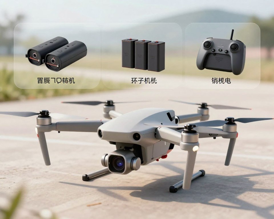 A detailed illustration of a quadcopter drone, showcasing its technical features and functionalities. In the foreground, the quadcopter is prominently displayed, with its four propellers elegantly positioned. The drone's sleek design emphasizes its lightweight frame and advanced camera system, highlighting sensors and antennas. In the middle ground, various technical details such as battery packs and control systems are artistically laid out, accompanied by labels for clarity. The background features a blurred landscape to suggest an outdoor setting, with soft daylight illuminating the scene, casting gentle shadows. The overall atmosphere conveys innovation and cutting-edge technology, appealing to drone enthusiasts. Ensure the image remains clean and professional, free from text or branding.