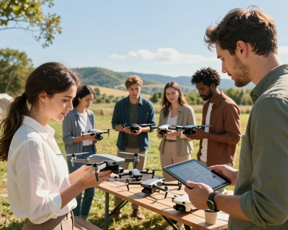 A detailed scene depicting a diverse group of individuals evaluating different models of drones in an outdoor setting, showcasing a sunny day with clear blue skies. In the foreground, a young woman in professional attire is carefully inspecting a sleek, modern drone, while a man beside her holds a tablet displaying key features. In the middle ground, a small group enthusiastically discusses their thoughts on drone performance, surrounded by a variety of drone models laid out on a picnic table. The background features a picturesque landscape with rolling hills and trees under the bright sun, creating a vibrant, inviting atmosphere. The lighting is warm and natural, emphasizing the excitement of drone selection and the collaborative sharing of tips for choosing the right drone based on experience. A detailed scene depicting a diverse group of individuals evaluating different models of drones in an outdoor setting, showcasing a sunny day with clear blue skies. In the foreground, a young woman in professional attire is carefully inspecting a sleek, modern drone, while a man beside her holds a tablet displaying key features. In the middle ground, a small group enthusiastically discusses their thoughts on drone performance, surrounded by a variety of drone models laid out on a picnic table. The background features a picturesque landscape with rolling hills and trees under the bright sun, creating a vibrant, inviting atmosphere. The lighting is warm and natural, emphasizing the excitement of drone selection and the collaborative sharing of tips for choosing the right drone based on experience.
