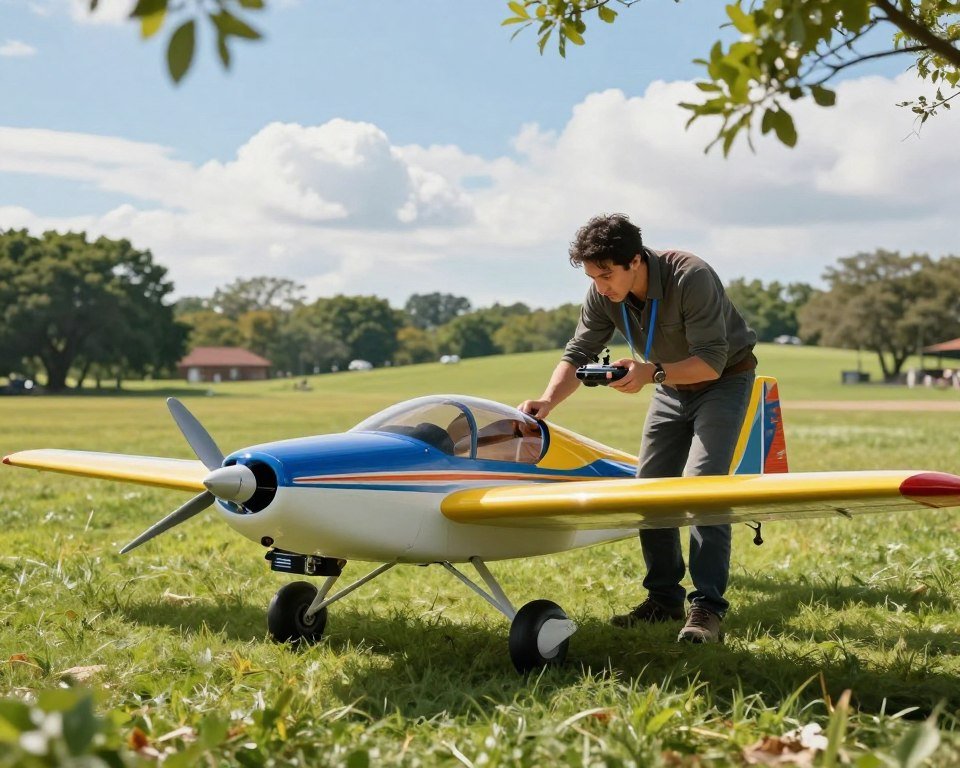 A detailed scene depicting an RC airplane enthusiast in a lush green park setting, showcasing the introduction to aeromodeling. In the foreground, focus on a brightly colored, sleek RC airplane with a rechargeable battery visible. The middle ground features the enthusiast, a man in casual clothing, carefully inspecting the aircraft while holding remote controls. The background displays a clear blue sky with a few fluffy clouds, and gentle hills dotted with trees. Soft sunlight filters through the leaves, creating a warm, inviting atmosphere. Capture the moment from a slightly elevated angle to emphasize the aircraft and the passion of the hobbyist, evoking a sense of excitement and adventure in the world of aeromodeling. A detailed scene depicting an RC airplane enthusiast in a lush green park setting, showcasing the introduction to aeromodeling. In the foreground, focus on a brightly colored, sleek RC airplane with a rechargeable battery visible. The middle ground features the enthusiast, a man in casual clothing, carefully inspecting the aircraft while holding remote controls. The background displays a clear blue sky with a few fluffy clouds, and gentle hills dotted with trees. Soft sunlight filters through the leaves, creating a warm, inviting atmosphere. Capture the moment from a slightly elevated angle to emphasize the aircraft and the passion of the hobbyist, evoking a sense of excitement and adventure in the world of aeromodeling.