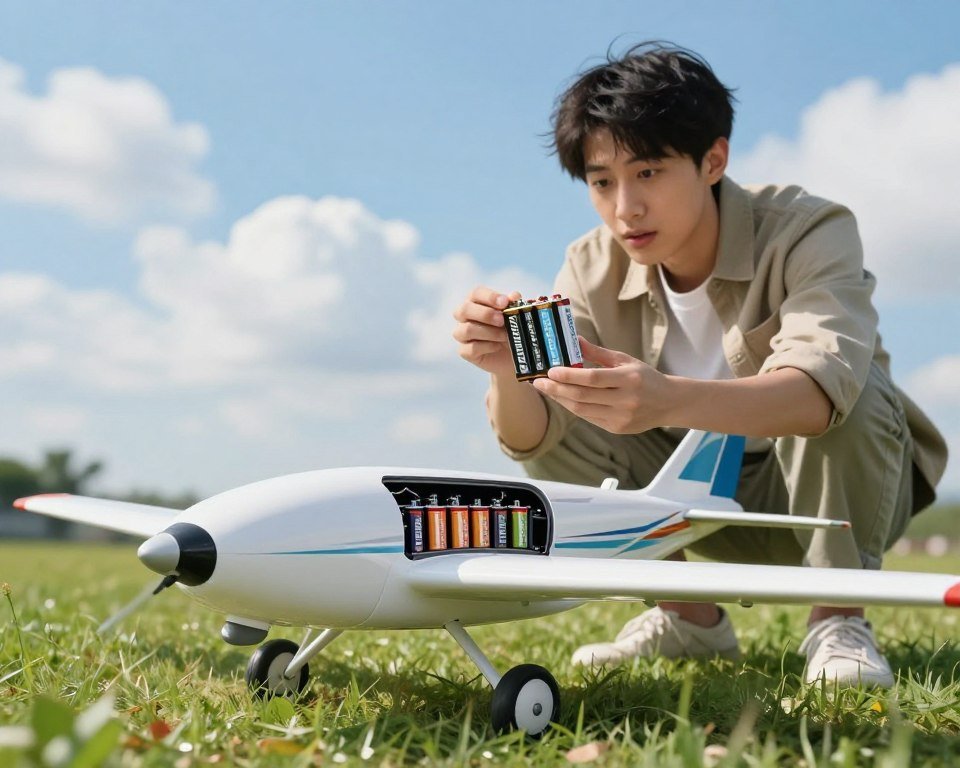 A detailed scene featuring a remote-controlled airplane on a grassy field, emphasizing the durability of rechargeable batteries. In the foreground, the airplane is shown with its battery compartment open, revealing high-quality, robust rechargeable batteries. The middle ground displays a young adult in casual clothing showcasing the airplane, examining the batteries with an expression of curiosity. The background features a clear blue sky dotted with fluffy clouds, suggesting a vibrant day for flying. Soft, natural lighting highlights the airplane's sleek design and the durability of the batteries. The composition should be taken from a slightly low angle to enhance the airplane's prominence, creating a sense of excitement and technological advancement in RC aircraft. The overall atmosphere should be optimistic and energetic, reflecting the innovation in rechargeable battery technology. A detailed scene featuring a remote-controlled airplane on a grassy field, emphasizing the durability of rechargeable batteries. In the foreground, the airplane is shown with its battery compartment open, revealing high-quality, robust rechargeable batteries. The middle ground displays a young adult in casual clothing showcasing the airplane, examining the batteries with an expression of curiosity. The background features a clear blue sky dotted with fluffy clouds, suggesting a vibrant day for flying. Soft, natural lighting highlights the airplane's sleek design and the durability of the batteries. The composition should be taken from a slightly low angle to enhance the airplane's prominence, creating a sense of excitement and technological advancement in RC aircraft. The overall atmosphere should be optimistic and energetic, reflecting the innovation in rechargeable battery technology.