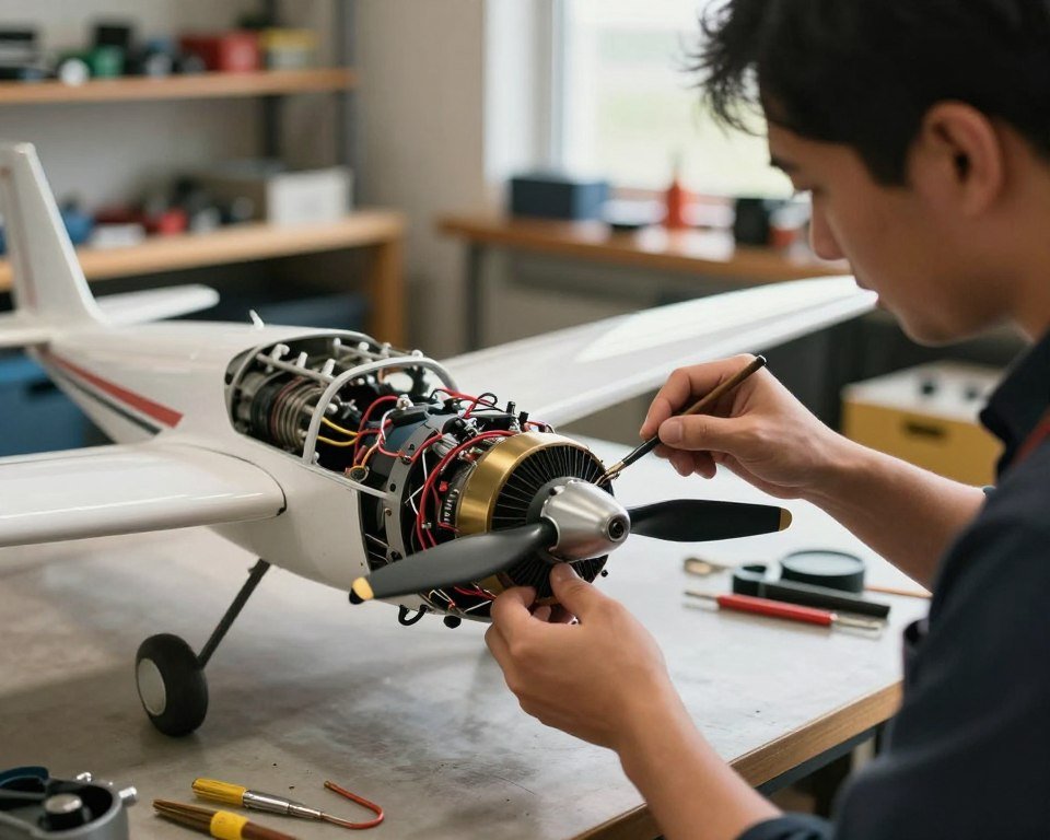 A detailed scene of a skilled technician performing maintenance on a remote-controlled airplane engine, specifically focusing on the propeller. In the foreground, the technician, dressed in professional attire, is using tools to inspect the motor, with visible components like wires and the propeller assembly. In the middle ground, the RC airplane is partially disassembled, showcasing its intricate internal structure. The background features a well-lit workshop with shelves of tools and spare parts, creating an organized atmosphere. Natural light filters in through a window, providing a warm and inviting glow. The overall mood is focused and technical, emphasizing the care and precision required for RC airplane maintenance.