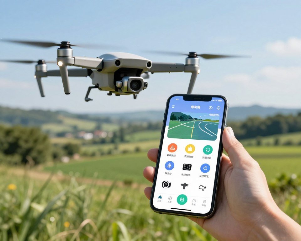 A detailed scene showcasing a remote-controlled drone in action, capturing the essence of remote control functions through a mobile app. In the foreground, a sleek drone hovers gracefully, its rotors spinning gently. The middle ground features a smartphone, displaying a user-friendly app interface with vibrant icons representing various control features like altitude adjustment, camera capture, and flight path tracking. The background presents a lush green landscape under a bright blue sky, enhancing the sense of adventure. Soft sunlight casts dynamic shadows, while a slight aerial perspective emphasizes the drone's capabilities. The mood is engaging and innovative, reflecting a blend of technology and outdoor exploration, perfect for an illustrative purpose in a tech review context.