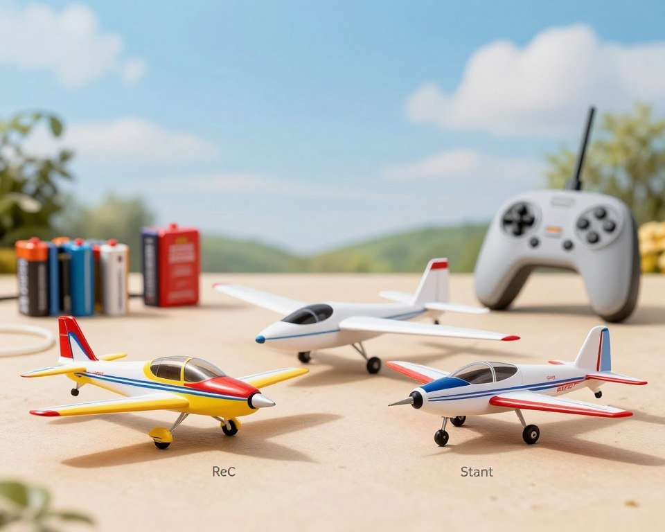 A detailed side-by-side comparison of various remote-controlled airplanes, showcasing several popular models for children. In the foreground, display three distinct RC airplanes: a colorful trainer plane, a sleek glider, and an agile stunt aircraft, each labeled with subtle indicators of size and features. The middle ground should include a variety of accessories like batteries and remote controls, enhancing the context of usage. In the background, depict a blurred outdoor setting, hinting at a sunny day with a clear blue sky, creating an inviting atmosphere for flying RC planes. Use soft, natural lighting to highlight the textures and colors of the planes, captured from a slightly low angle to emphasize their features and stance. The mood should be inspiring and educational, appealing to parents and children alike.