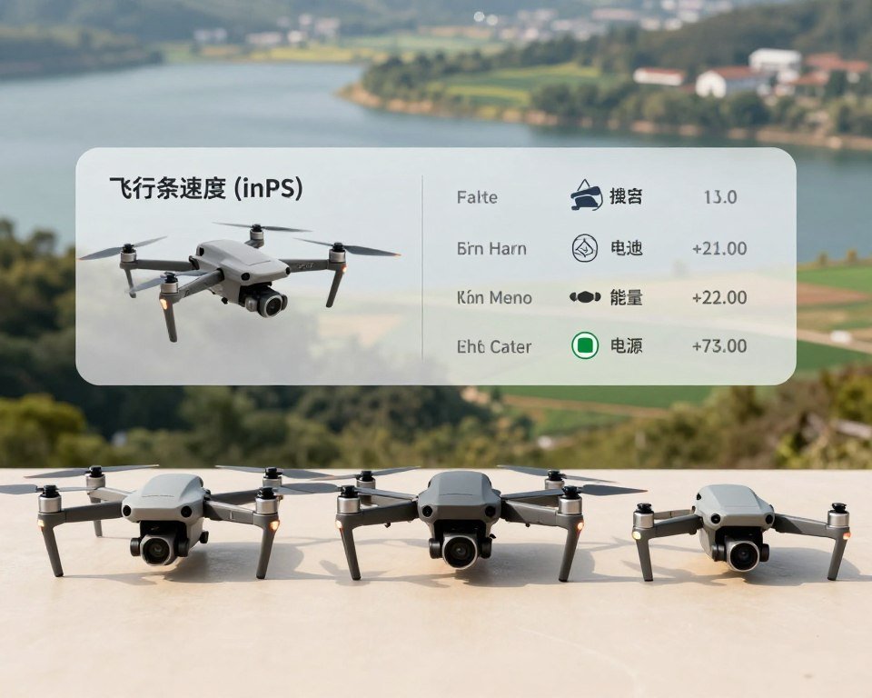 A detailed technical comparison image showcasing various drones lined up in a visually appealing layout. In the foreground, display three different models of drones, each equipped with high-resolution cameras and distinctive features. The middle ground features a chart or graph emphasizing flight speeds (in FPS), payload capacities, and battery life, with icons representing these specifications. In the background, a serene landscape illustrates potential drone usage, such as aerial photography over a scenic lake or farmland. Ensure the lighting is bright and natural, giving a clear view of each drone, while soft focus blurs the background slightly to keep the attention on the drones and the tech comparison. The overall atmosphere should be informative yet engaging, inviting readers to explore the best drone options.