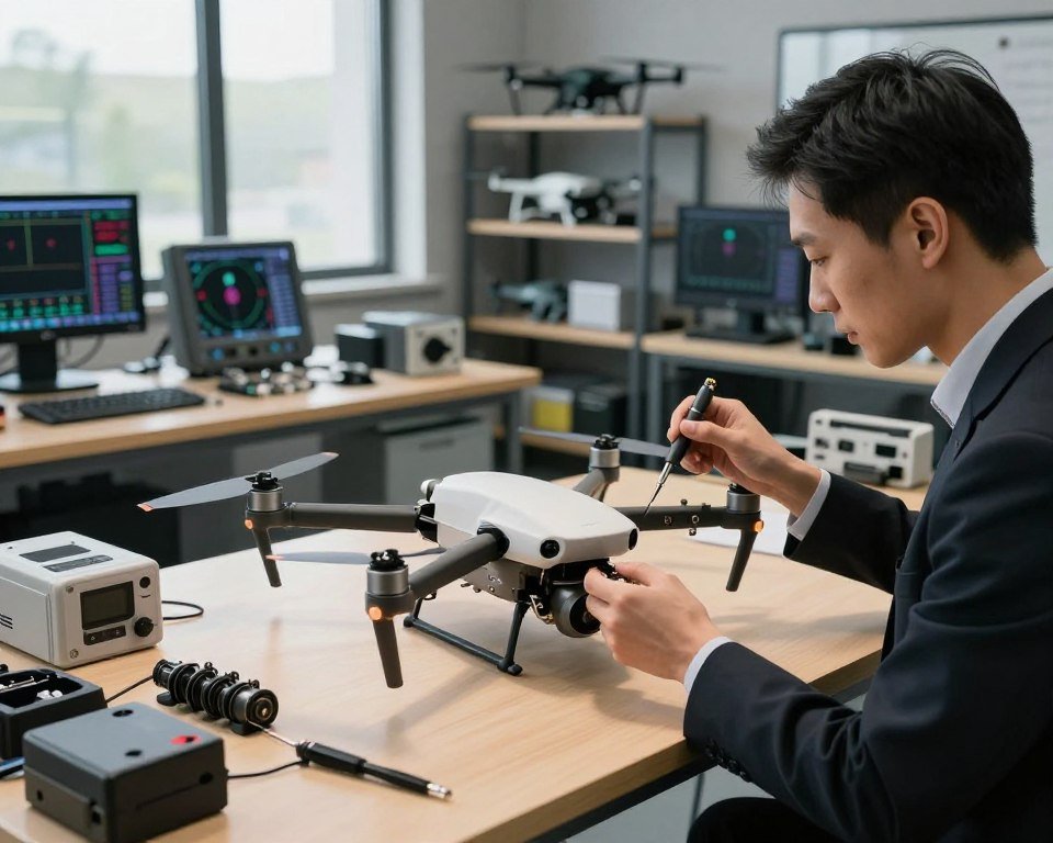 A detailed view of a drone being serviced and optimized in a modern workshop. In the foreground, a technician, dressed in professional business attire, examines the drone with specialized tools, focusing on its powerful motor. The middle layer features a well-lit workspace with workbenches, spare parts, and diagnostic equipment neatly arranged. Tools and components reflecting high-tech engineering create an atmosphere of precision. In the background, shelves filled with drone accessories and monitors displaying performance metrics hint at ongoing maintenance processes. Soft, natural light filters through large windows, highlighting the intricate features of the drone while casting gentle shadows. The mood is focused and industrious, emphasizing innovation and attention to detail in drone maintenance and optimization.