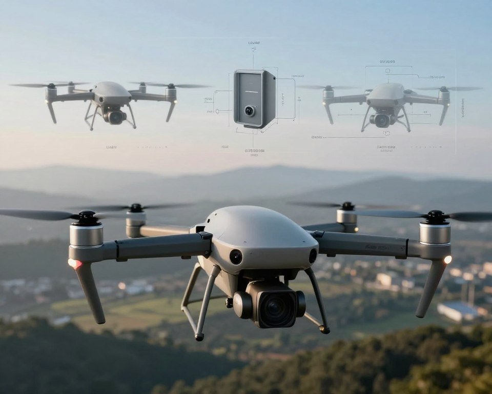 A detailed visualization of advanced drone sensors showcasing their technical characteristics. In the foreground, focus on a sleek drone equipped with various sensor modules, highlighting elements like a high-resolution camera, LiDAR sensors, and GPS units. In the middle ground, display technical diagrams and schematics demonstrating the sensor functionalities, illuminated by soft, diffused lighting to enhance clarity. The background features a blurred aerial landscape, suggesting flight stability in action, with clear skies and distant hills. Use a wide-angle lens effect to create depth, emphasizing the drone's aerodynamic design. The mood should convey innovation and technical sophistication, with a polished, professional aesthetic, free of any text or distractions. A detailed visualization of advanced drone sensors showcasing their technical characteristics. In the foreground, focus on a sleek drone equipped with various sensor modules, highlighting elements like a high-resolution camera, LiDAR sensors, and GPS units. In the middle ground, display technical diagrams and schematics demonstrating the sensor functionalities, illuminated by soft, diffused lighting to enhance clarity. The background features a blurred aerial landscape, suggesting flight stability in action, with clear skies and distant hills. Use a wide-angle lens effect to create depth, emphasizing the drone's aerodynamic design. The mood should convey innovation and technical sophistication, with a polished, professional aesthetic, free of any text or distractions.