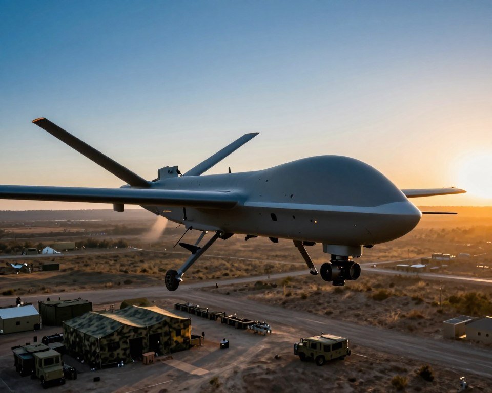 A dramatic aerial view of a military drone, showcasing its sleek, aerodynamic design with advanced technology features. In the foreground, the drone is captured in mid-flight, equipped with high-tech sensors and weaponry, highlighting its intimidating presence. The middle ground features a rugged landscape, with hints of a military base below, including camouflage tents and vehicles. In the background, a clear blue sky gradually transitions into a sunset, casting a warm, golden light that accentuates the drone's metallic surface. The atmosphere is tense and dynamic, reflecting the cutting-edge nature of military drone technology. This image captures a fleeting moment of innovation and power, emphasizing the strategic significance of drones in modern warfare. A dramatic aerial view of a military drone, showcasing its sleek, aerodynamic design with advanced technology features. In the foreground, the drone is captured in mid-flight, equipped with high-tech sensors and weaponry, highlighting its intimidating presence. The middle ground features a rugged landscape, with hints of a military base below, including camouflage tents and vehicles. In the background, a clear blue sky gradually transitions into a sunset, casting a warm, golden light that accentuates the drone's metallic surface. The atmosphere is tense and dynamic, reflecting the cutting-edge nature of military drone technology. This image captures a fleeting moment of innovation and power, emphasizing the strategic significance of drones in modern warfare.
