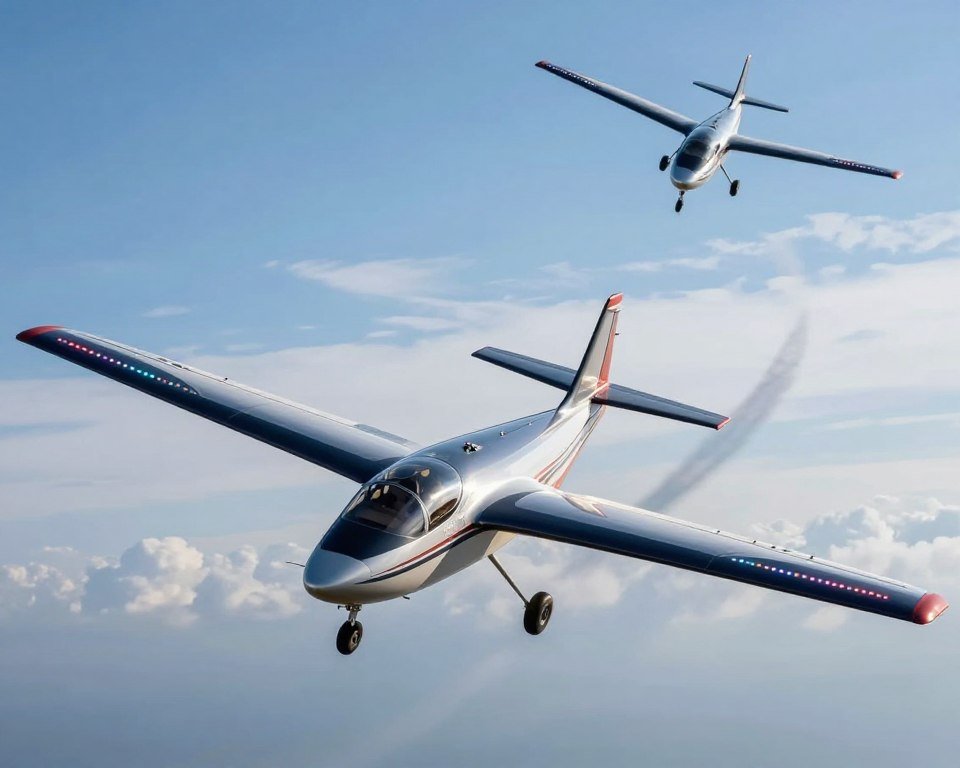 A dynamic aerial scene depicting a radio-controlled airplane in flight, showcasing its advanced maneuverability and control. The foreground features the sleek, high-tech RC plane with vibrant LED lights illuminating its wings, reflecting a cutting-edge design. In the middle ground, the plane performs an impressive loop, emphasizing its agility and aerodynamic performance. The background presents a clear blue sky with soft clouds, enhancing the sense of altitude and freedom. The lighting is bright and natural, creating vivid highlights on the plane while casting subtle shadows that add depth. Capture the excitement and adventure of flying, with a focus on technological prowess and the thrill of control in the air. The image conveys a sense of innovation and exploration, perfect for illustrating the themes of performance and maneuverability in flight.