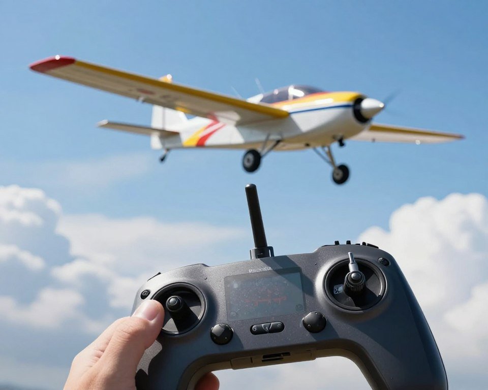 A dynamic and detailed scene showcasing a modern remote control transmitter in the foreground, with sleek buttons and a digital display, reflecting sunlight. In the middle ground, a high-tech remote-controlled airplane soars through a bright, clear blue sky, showcasing its streamlined design and vibrant colors. The background features soft, fluffy clouds, enhancing the sense of flight and freedom. Use a shallow depth of field to keep the focus on the transmitter while gently blurring the airplane in the distance. The lighting should be bright and natural, capturing a sense of excitement and control, emphasizing the thrill of piloting the aircraft. The overall mood is one of adventure and precision, inviting the viewer into the world of remote-controlled aviation. A dynamic and detailed scene showcasing a modern remote control transmitter in the foreground, with sleek buttons and a digital display, reflecting sunlight. In the middle ground, a high-tech remote-controlled airplane soars through a bright, clear blue sky, showcasing its streamlined design and vibrant colors. The background features soft, fluffy clouds, enhancing the sense of flight and freedom. Use a shallow depth of field to keep the focus on the transmitter while gently blurring the airplane in the distance. The lighting should be bright and natural, capturing a sense of excitement and control, emphasizing the thrill of piloting the aircraft. The overall mood is one of adventure and precision, inviting the viewer into the world of remote-controlled aviation.