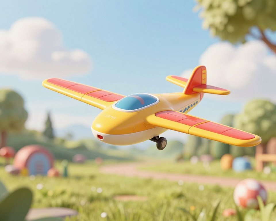 A dynamic and innovative design of a flying toy showcasing aerodynamic features. In the foreground, focus on a brightly colored toy, designed for children's play, with sleek lines and advanced wing features that emphasize its capability to soar. The midground includes a playful outdoor environment, such as a sunny park with soft grass. In the background, soft clouds and blue sky enhance the scene, suggesting flight and freedom. Use warm, natural lighting to create a cheerful atmosphere. Capture the image from a low angle to emphasize the toy's grandeur and appeal. The overall mood is playful and inviting, ideal for showcasing key characteristics to look for in a flying toy. A dynamic and innovative design of a flying toy showcasing aerodynamic features. In the foreground, focus on a brightly colored toy, designed for children's play, with sleek lines and advanced wing features that emphasize its capability to soar. The midground includes a playful outdoor environment, such as a sunny park with soft grass. In the background, soft clouds and blue sky enhance the scene, suggesting flight and freedom. Use warm, natural lighting to create a cheerful atmosphere. Capture the image from a low angle to emphasize the toy's grandeur and appeal. The overall mood is playful and inviting, ideal for showcasing key characteristics to look for in a flying toy.