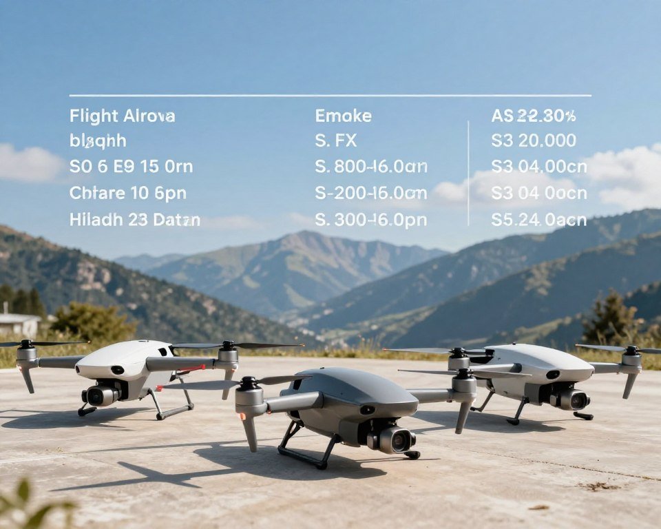A dynamic comparison of three high-altitude drone models displayed prominently in the foreground, showcasing their sleek designs and distinct features like propeller configurations, camera mounts, and wingspans. The middle ground features a detailed infographic overlay, highlighting specifications like flight altitude, battery life, and payload capacity, with clean lines separating each model. In the background, a scenic view of a mountainous landscape under a clear blue sky emphasizes the drones' intended environment; bright, natural lighting casts soft shadows, enhancing the three-dimensionality of the scene. The overall mood is energetic and informative, aimed at engaging a professional audience interested in drone technology. A dynamic comparison of three high-altitude drone models displayed prominently in the foreground, showcasing their sleek designs and distinct features like propeller configurations, camera mounts, and wingspans. The middle ground features a detailed infographic overlay, highlighting specifications like flight altitude, battery life, and payload capacity, with clean lines separating each model. In the background, a scenic view of a mountainous landscape under a clear blue sky emphasizes the drones' intended environment; bright, natural lighting casts soft shadows, enhancing the three-dimensionality of the scene. The overall mood is energetic and informative, aimed at engaging a professional audience interested in drone technology.