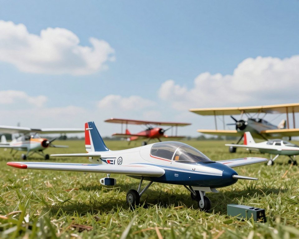A dynamic display of top RC airplane models, prominently featuring a sleek, modern electric model with rechargeable battery capabilities, showcased in a bright outdoor setting. In the foreground, the airplane is angled to emphasize its aerodynamic design, with vibrant colors and intricate details visible, set against a smooth, grass-covered ground. In the middle, several other RC models in various styles – including a biplane and a glider – are artfully arranged in a way that allows viewers to appreciate their unique features. The background features a clear blue sky dotted with a few white clouds, enhancing the feeling of a typical flying day. Soft, natural lighting creates a welcoming atmosphere, and the scene captures the excitement of the RC hobbyist community. A dynamic display of top RC airplane models, prominently featuring a sleek, modern electric model with rechargeable battery capabilities, showcased in a bright outdoor setting. In the foreground, the airplane is angled to emphasize its aerodynamic design, with vibrant colors and intricate details visible, set against a smooth, grass-covered ground. In the middle, several other RC models in various styles – including a biplane and a glider – are artfully arranged in a way that allows viewers to appreciate their unique features. The background features a clear blue sky dotted with a few white clouds, enhancing the feeling of a typical flying day. Soft, natural lighting creates a welcoming atmosphere, and the scene captures the excitement of the RC hobbyist community.