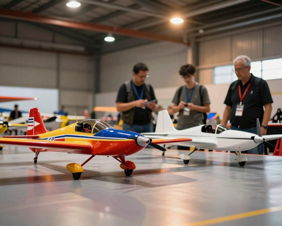 A dynamic indoor scene showcasing a side-by-side comparison of aerobatic RC airplanes, emphasizing their unique designs and features. In the foreground, two distinct models: a sleek, vibrant aerobatic plane with bold colors and sharp contours, and a lightweight, agile indoor glider with a streamlined profile, both positioned on a smooth, reflective surface. The middle ground features hobbyists examining the planes, dressed in casual attire, looking impressed and engaged. The background includes a softly lit indoor flying arena with high ceilings, gently illuminated with warm lights that enhance the excitement of flight. Use a shallow depth of field to focus on the planes, creating a lively atmosphere that captures the thrill of indoor aerobatics.