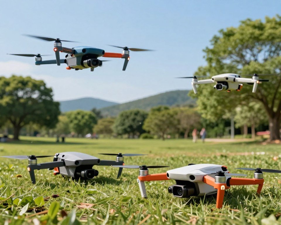 A dynamic outdoor scene showcasing a selection of recommended drones for recreational use. In the foreground, display three stylish drones with vibrant colors and modern designs, each positioned at different angles to highlight their unique features. The middle ground features a fresh green park environment with trees and a clear blue sky, creating a sense of adventure. In the background, include distant hills to evoke a sense of exploration. The lighting is bright and crisp, suggesting a sunny day, with soft shadows adding depth. Capture the drones in mid-flight to illustrate their agility and fun in action. The mood is cheerful and engaging, appealing to outdoor enthusiasts and capturing the excitement of drone flying in nature.