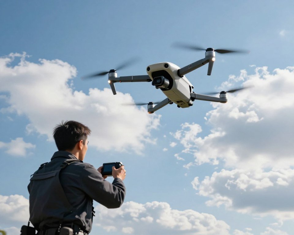 A dynamic scene featuring a skilled drone pilot maneuvering a sleek drone through the sky. In the foreground, the pilot, dressed in a professional outfit, focuses intently on the drone. The middle ground showcases the drone performing an impressive aerial loop, with its propellers clearly visible, capturing the essence of agility and control. The background is a bright blue sky, dotted with fluffy white clouds, creating an atmosphere of excitement and innovation. The sunlight glints off the drone's surface, emphasizing its modern design. The composition is shot with a wide-angle lens, highlighting the impressive maneuvers while still maintaining the pilot in focus, evoking a sense of mastery and inspiration in aerial drone skills. A dynamic scene featuring a skilled drone pilot maneuvering a sleek drone through the sky. In the foreground, the pilot, dressed in a professional outfit, focuses intently on the drone. The middle ground showcases the drone performing an impressive aerial loop, with its propellers clearly visible, capturing the essence of agility and control. The background is a bright blue sky, dotted with fluffy white clouds, creating an atmosphere of excitement and innovation. The sunlight glints off the drone's surface, emphasizing its modern design. The composition is shot with a wide-angle lens, highlighting the impressive maneuvers while still maintaining the pilot in focus, evoking a sense of mastery and inspiration in aerial drone skills.