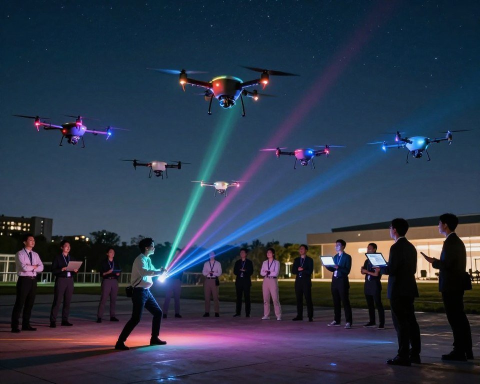 A dynamic scene showcasing a cluster of advanced drones equipped with colorful LED lights, gracefully maneuvering through an open outdoor space. In the foreground, a drone artistically interacts with colorful beams of light, choreographed in a mesmerizing pattern. The middle ground features a diverse team of operators in professional attire, intently monitoring the drones with tablets and laptops, displaying a collaborative atmosphere. The background consists of a clear night sky, filled with stars, and silhouettes of buildings illuminated by ambient lighting. The overall mood is innovative and futuristic, emphasizing creativity and technology. The lighting is vibrant and varied, highlighting the glowing effects of the drones against the dark sky, captured with a wide-angle lens for a dramatic perspective.