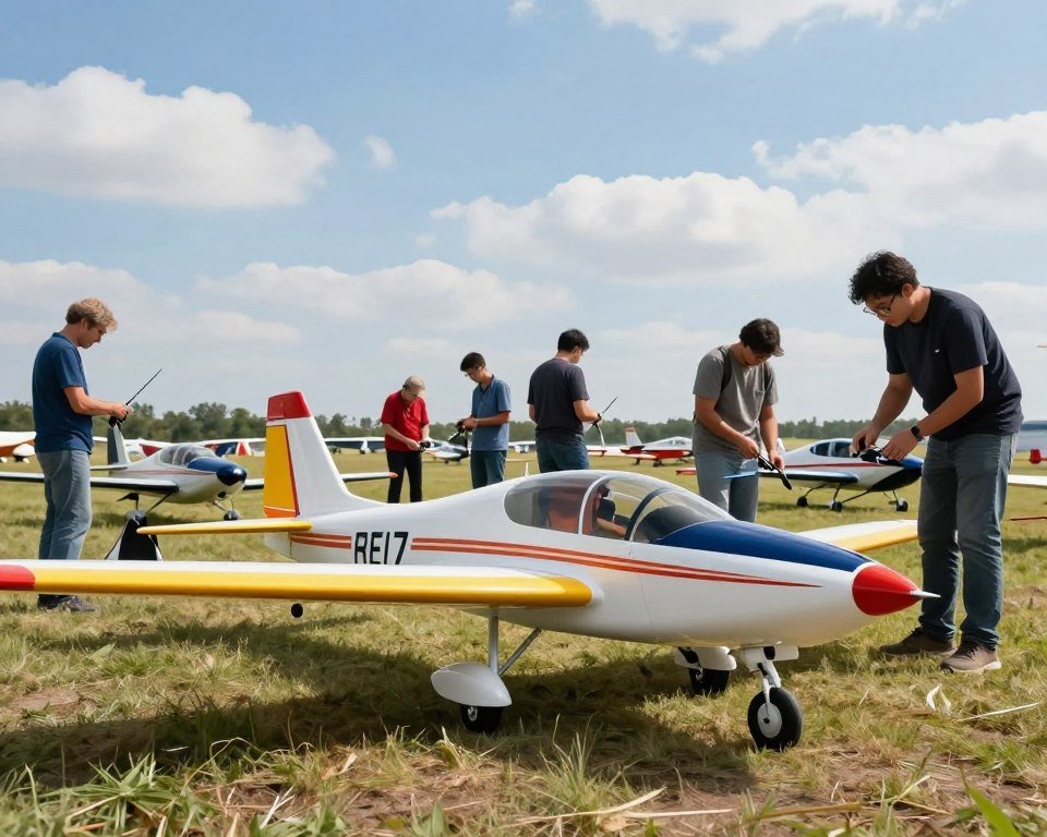 A dynamic scene showcasing a collection of various radio-controlled airplanes in a vibrant outdoor setting. In the foreground, a sleek, modern RC model airplane with bright colors is showcased in detail, capturing its aerodynamic design and intricate controls. The middle ground features hobbyists of diverse backgrounds, dressed in casual attire, engaged in assembling and testing their aircraft. The background displays a clear blue sky with soft clouds, making it an ideal day for flying. Natural sunlight bathes the scene, creating soft shadows and highlighting the excitement of the hobby. The overall mood is one of enthusiasm and discovery, inviting viewers into the thrilling world of remote-controlled aircraft. No text or logos present. A dynamic scene showcasing a collection of various radio-controlled airplanes in a vibrant outdoor setting. In the foreground, a sleek, modern RC model airplane with bright colors is showcased in detail, capturing its aerodynamic design and intricate controls. The middle ground features hobbyists of diverse backgrounds, dressed in casual attire, engaged in assembling and testing their aircraft. The background displays a clear blue sky with soft clouds, making it an ideal day for flying. Natural sunlight bathes the scene, creating soft shadows and highlighting the excitement of the hobby. The overall mood is one of enthusiasm and discovery, inviting viewers into the thrilling world of remote-controlled aircraft. No text or logos present.