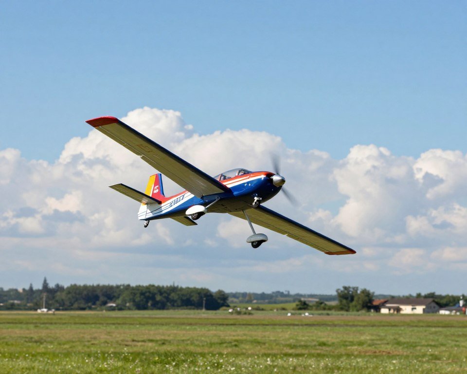 A dynamic scene showcasing a remote-controlled airplane performing spectacular aerobatics in a clear blue sky. In the foreground, the sleek, colorful RC airplane is suspended mid-flight, executing a sharp upward roll with its wings angled dramatically. The middle ground features fluffy white clouds that accentuate the plane's movement, while a vibrant green landscape stretches out below, providing a striking contrast to the sky. Capture this moment using a wide-angle lens to emphasize the scale and agility of the aircraft. Soft, natural sunlight bathes the scene, creating a bright and energetic atmosphere, evoking a sense of excitement and thrill in the viewer. The overall composition should convey the essence of aerial performance and the joy of flying. A dynamic scene showcasing a remote-controlled airplane performing spectacular aerobatics in a clear blue sky. In the foreground, the sleek, colorful RC airplane is suspended mid-flight, executing a sharp upward roll with its wings angled dramatically. The middle ground features fluffy white clouds that accentuate the plane's movement, while a vibrant green landscape stretches out below, providing a striking contrast to the sky. Capture this moment using a wide-angle lens to emphasize the scale and agility of the aircraft. Soft, natural sunlight bathes the scene, creating a bright and energetic atmosphere, evoking a sense of excitement and thrill in the viewer. The overall composition should convey the essence of aerial performance and the joy of flying.