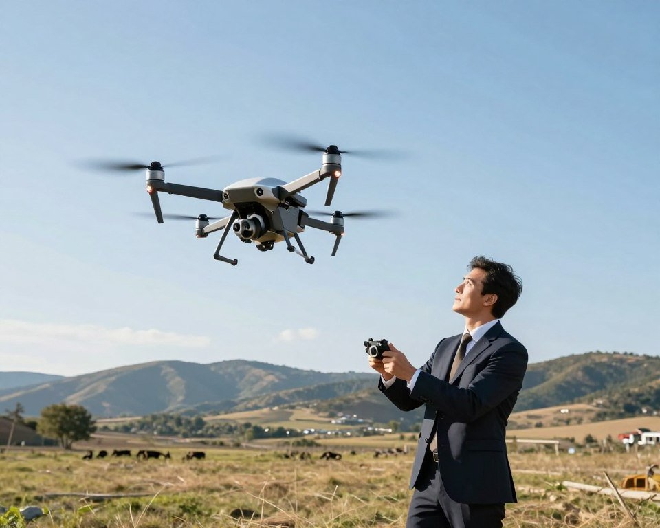 A dynamic scene showcasing advanced drone flight maneuvers in an open outdoor environment. In the foreground, a skilled drone pilot, dressed in a professional business attire, confidently operates a sleek, high-tech drone, capturing a moment mid-flight as it performs an impressive loop maneuver. The middle layer features the drone executing a series of aerial acrobatics, spinning and banking gracefully through the air, with the sunlight glinting off its polished surface. The background displays a serene landscape of rolling hills and a clear blue sky, creating a sense of vastness. The lighting is bright and natural, indicating midday, enhancing the vibrancy of the scene. The atmosphere is thrilling yet professional, emphasizing the art of mastering drone techniques and expanding one's flying skills. A dynamic scene showcasing advanced drone flight maneuvers in an open outdoor environment. In the foreground, a skilled drone pilot, dressed in a professional business attire, confidently operates a sleek, high-tech drone, capturing a moment mid-flight as it performs an impressive loop maneuver. The middle layer features the drone executing a series of aerial acrobatics, spinning and banking gracefully through the air, with the sunlight glinting off its polished surface. The background displays a serene landscape of rolling hills and a clear blue sky, creating a sense of vastness. The lighting is bright and natural, indicating midday, enhancing the vibrancy of the scene. The atmosphere is thrilling yet professional, emphasizing the art of mastering drone techniques and expanding one's flying skills.
