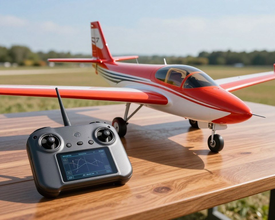 A dynamic scene showcasing advanced remote control technology for radio-controlled airplanes. In the foreground, a sleek, high-tech remote control device with an intricate display screen, buttons, and antennas rests on a polished wooden table. In the middle, a vibrant RC airplane with a glossy finish and detailed features dominates the composition, its wings spread as if ready for takeoff. The background features a softly blurred outdoor landscape with hints of greenery and a clear blue sky, creating an atmosphere of open air and freedom. Bright, natural lighting illuminates the scene, casting soft shadows. The angle is slightly low, emphasizing the airplane's impressive design while reflecting a sense of excitement and innovation in the realm of remote control technology.