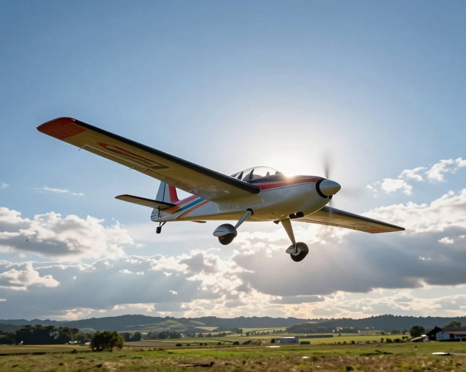 A dynamic scene showcasing an RC stunt airplane in action, performing an impressive aerobatic maneuver in a clear blue sky. In the foreground, highlight the sleek design of the stunt airplane, featuring vibrant colors and distinctive markings, showcasing its aerodynamic shape and intricate wing structure. The middle ground reveals scattered clouds, with the airplane silhouetted against the sun, creating dramatic lighting effects and shadows. In the background, an expansive landscape of green fields and distant hills adds depth. The atmosphere is exhilarating and adventurous, conveying the thrill of aeromodeling. Capture the image from a slightly angled perspective, emphasizing the plane's movement and adding a sense of speed and energy to the composition, evoking a passion for RC aviation experimentation and control.