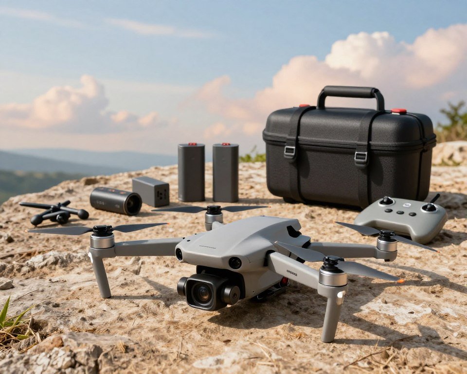 A dynamic scene showcasing essential accessories for a 360-degree drone. In the foreground, display a high-quality drone with a sleek design, equipped with a 360-degree camera and propellers glistening in sunlight. Surrounding it, arrange various accessories such as extra propellers, batteries, a sturdy carrying case, and a remote controller. The middle ground features a textured outdoor environment like a park or cliff that hints at aerial footage opportunities. In the background, a serene sky with soft clouds enhances the mood of exploration and creativity. Use natural lighting to create a vibrant atmosphere, emphasizing the innovative technology of the drone. Capture the image from a slightly elevated angle to give a comprehensive view of the accessories while showcasing the drone's capabilities. A dynamic scene showcasing essential accessories for a 360-degree drone. In the foreground, display a high-quality drone with a sleek design, equipped with a 360-degree camera and propellers glistening in sunlight. Surrounding it, arrange various accessories such as extra propellers, batteries, a sturdy carrying case, and a remote controller. The middle ground features a textured outdoor environment like a park or cliff that hints at aerial footage opportunities. In the background, a serene sky with soft clouds enhances the mood of exploration and creativity. Use natural lighting to create a vibrant atmosphere, emphasizing the innovative technology of the drone. Capture the image from a slightly elevated angle to give a comprehensive view of the accessories while showcasing the drone's capabilities.