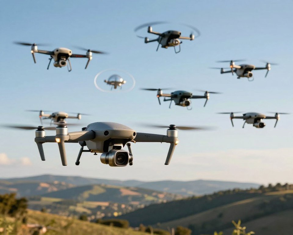 A dynamic scene showcasing various drones in flight, illustrating their interactive features and flight modes. In the foreground, a sleek drone is hovering with a stabilized camera, capturing aerial footage. In the middle, a group of different models is displayed, including a racing drone and a camera drone, each demonstrating unique flight modes like hovering, circle flight, and follow-me mode. The background features a scenic landscape with rolling hills and a clear blue sky, creating an inviting atmosphere. Soft sunlight illuminates the drones, casting gentle shadows. The image has a vibrant and educational mood, designed to capture the essence of drone technology and its applications, appealing to beginners. A dynamic scene showcasing various drones in flight, illustrating their interactive features and flight modes. In the foreground, a sleek drone is hovering with a stabilized camera, capturing aerial footage. In the middle, a group of different models is displayed, including a racing drone and a camera drone, each demonstrating unique flight modes like hovering, circle flight, and follow-me mode. The background features a scenic landscape with rolling hills and a clear blue sky, creating an inviting atmosphere. Soft sunlight illuminates the drones, casting gentle shadows. The image has a vibrant and educational mood, designed to capture the essence of drone technology and its applications, appealing to beginners.