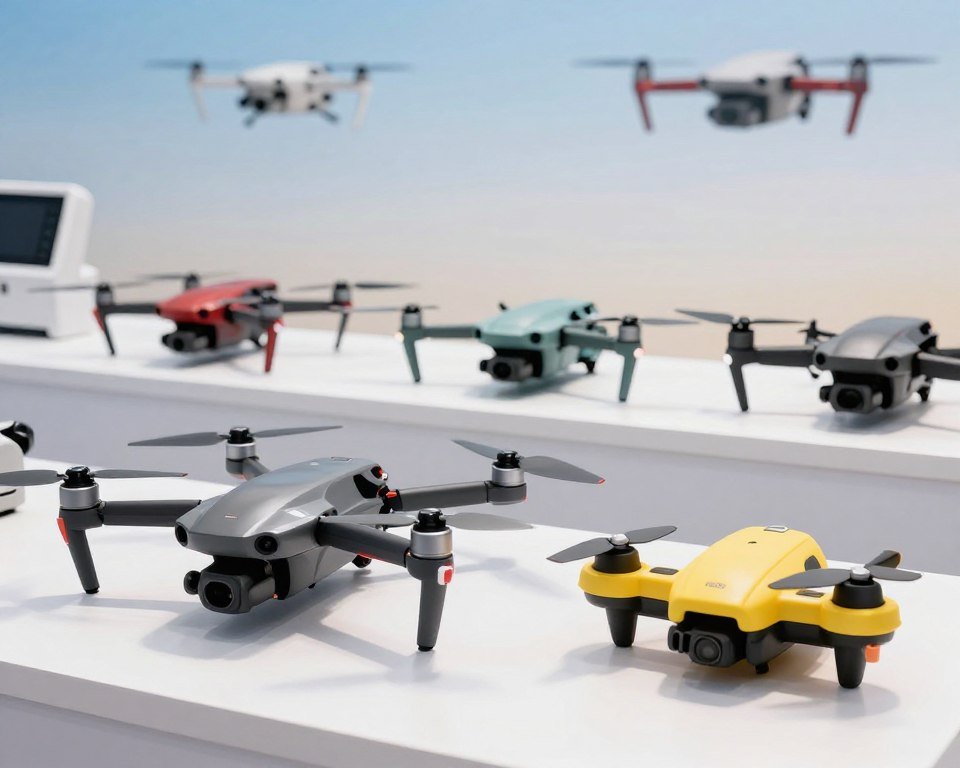 A dynamic showcase of various drone models, from high-end to budget-friendly options, displayed in a well-lit, modern setting. In the foreground, feature two distinct drones: a sleek, high-end racing drone with sharp edges and a glossy finish, and a compact, colorful toy drone with rounded shapes, highlighting their contrasting designs. In the middle ground, display several more models positioned on a clean, professional table, showcasing diverse shapes and colors, indicating a range of features. The background features a subtle gradient illustrating a sky, suggesting flight. The lighting is bright and natural, illuminating the drones and casting soft shadows for depth. The atmosphere is professional and informative, emphasizing the selection process for aspiring pilots.