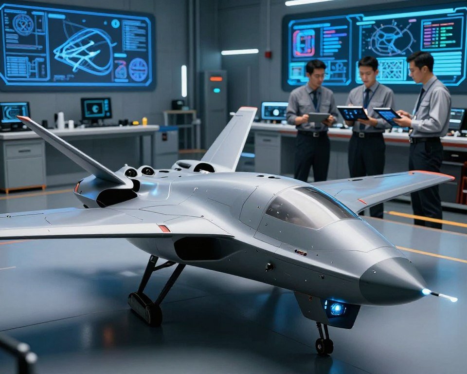 A futuristic drone designed for combat, featuring sleek aerodynamic lines and advanced vectorization technology. In the foreground, the drone displays its innovative features, such as adaptive wings and integrated sensors, catching dramatic lighting that highlights its metallic surface. The middle ground shows a small team of engineers in professional attire analyzing performance data on tablets, emphasizing collaboration and innovation. In the background, a high-tech workshop environment filled with blueprints and holographic displays creates a high-tech ambiance. The overall mood is one of excitement and progress in military technology, with a focus on clarity and sophistication, illustrated with dynamic angles and a cool color palette.