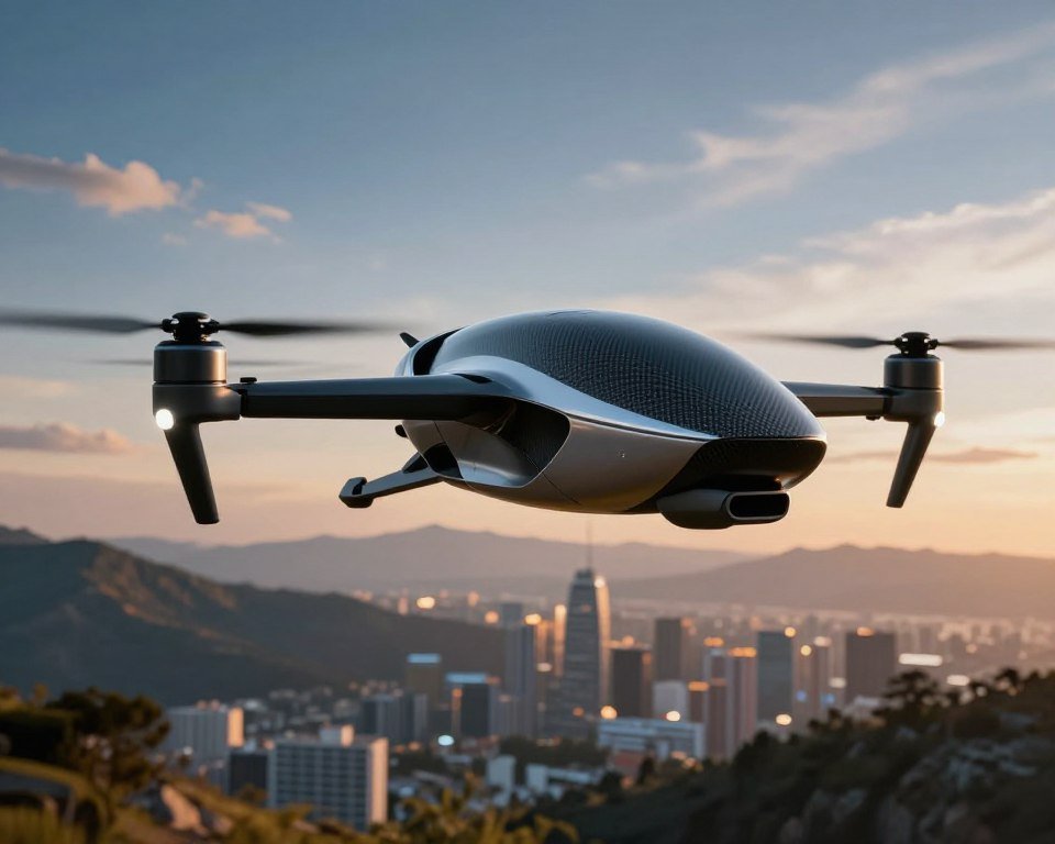 A futuristic drone designed with sleek aerodynamic curves, showcasing an innovative blend of advanced materials like carbon fiber and lightweight metals. In the foreground, capture the drone hovering gracefully, with its rotors in motion, illustrating its agility. The middle ground features a scenic landscape, perhaps a mountainous terrain or a vibrant urban skyline, emphasizing the drone's versatility. The background includes a dynamic sky, with hues of blue and orange, suggesting either dawn or dusk, enhancing the sense of speed and innovation. Use dramatic lighting to create shadow and highlights that accentuate the drone's contours, taken from a low-angle perspective to convey power and sophistication. Aim for a clean, high-definition look with a focus on the drone’s design elements, promoting a blend of technology and artistry in the atmosphere of possibility. A futuristic drone designed with sleek aerodynamic curves, showcasing an innovative blend of advanced materials like carbon fiber and lightweight metals. In the foreground, capture the drone hovering gracefully, with its rotors in motion, illustrating its agility. The middle ground features a scenic landscape, perhaps a mountainous terrain or a vibrant urban skyline, emphasizing the drone's versatility. The background includes a dynamic sky, with hues of blue and orange, suggesting either dawn or dusk, enhancing the sense of speed and innovation. Use dramatic lighting to create shadow and highlights that accentuate the drone's contours, taken from a low-angle perspective to convey power and sophistication. Aim for a clean, high-definition look with a focus on the drone’s design elements, promoting a blend of technology and artistry in the atmosphere of possibility.