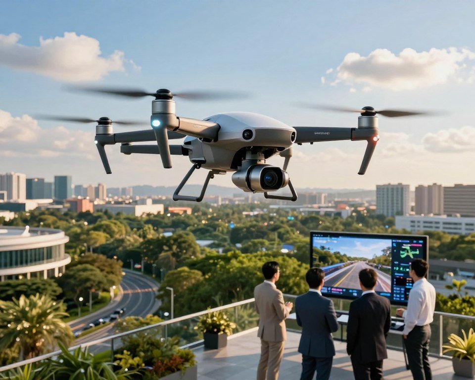 A futuristic drone equipped with a high-resolution camera hovers in the foreground, capturing breathtaking aerial views of a vibrant urban landscape filled with lush greenery and modern architecture. The sleek design of the drone showcases innovative technology, with luminous LED indicators reflecting advanced features. In the middle ground, a diverse group of professionals in smart business attire attentively monitors a screen displaying real-time footage from the drone, demonstrating collaboration in technological development. The background features a clear blue sky with a few fluffy clouds, enhancing the serene yet cutting-edge atmosphere. Soft, golden hour lighting casts a warm glow, creating an inspiring mood that emphasizes the promise of innovation in drone technology. The perspective is slightly angled upward, highlighting the drone and its surroundings, while ensuring a dynamic yet harmonious composition. A futuristic drone equipped with a high-resolution camera hovers in the foreground, capturing breathtaking aerial views of a vibrant urban landscape filled with lush greenery and modern architecture. The sleek design of the drone showcases innovative technology, with luminous LED indicators reflecting advanced features. In the middle ground, a diverse group of professionals in smart business attire attentively monitors a screen displaying real-time footage from the drone, demonstrating collaboration in technological development. The background features a clear blue sky with a few fluffy clouds, enhancing the serene yet cutting-edge atmosphere. Soft, golden hour lighting casts a warm glow, creating an inspiring mood that emphasizes the promise of innovation in drone technology. The perspective is slightly angled upward, highlighting the drone and its surroundings, while ensuring a dynamic yet harmonious composition.
