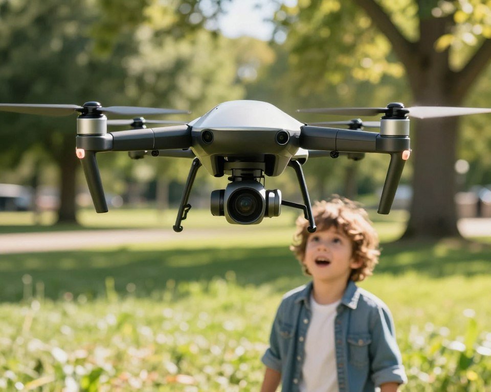 A futuristic drone equipped with advanced camera sensors and control mechanisms, prominently displayed in the foreground. The drone features sleek, aerodynamic design with shiny metallic surfaces and intricate detail on the sensors. In the middle ground, a small child, dressed in casual yet neat clothing, is observing the drone, with a look of excitement and wonder on their face. The background shows a vivid outdoor setting, perhaps a park with green grass and trees, illuminated by bright, natural sunlight that casts soft shadows. The angle is slightly elevated, capturing the cuteness of the child and the complexity of the drone's technology, fostering a sense of innovation and inspiration. The mood is vibrant and educational, inviting exploration and playfulness.