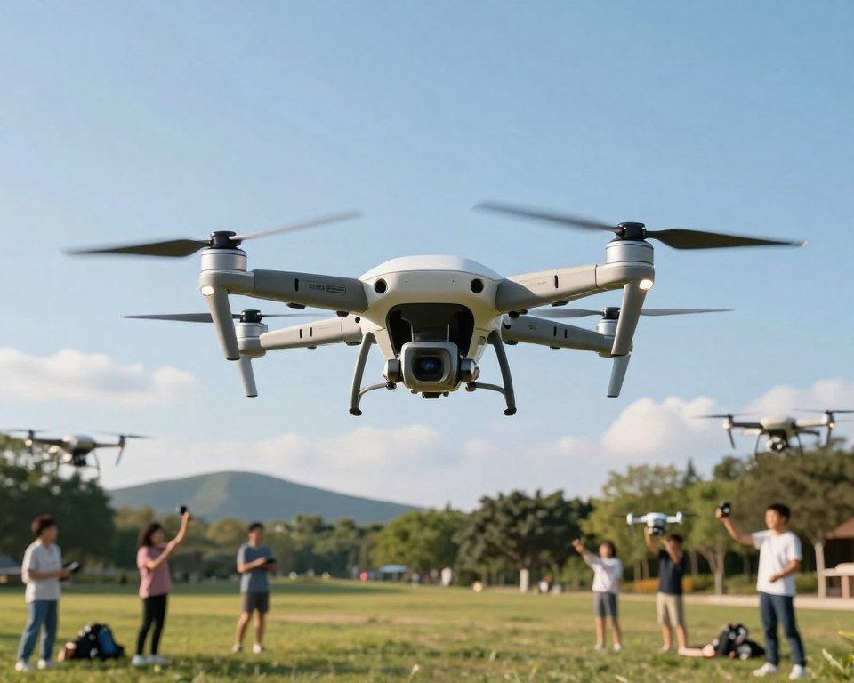A futuristic drone equipped with advanced, innovative propellers designed for safe flying hovers in the foreground against a clear blue sky. The propellers showcase a unique, aerodynamic design with intricate details emphasizing their efficiency and stability. In the middle ground, an expansive view of a serene park filled with beginners enthusiastically flying their drones, showcasing a harmonious blend of technology and nature. The background features gentle hills and a few soft clouds, enhancing the sense of tranquility. The scene is well-lit with soft sunlight casting gentle shadows, giving it a hopeful and inspiring atmosphere. Capture it with a wide-angle lens to emphasize the drone's features and the excitement among the beginners. A futuristic drone equipped with advanced, innovative propellers designed for safe flying hovers in the foreground against a clear blue sky. The propellers showcase a unique, aerodynamic design with intricate details emphasizing their efficiency and stability. In the middle ground, an expansive view of a serene park filled with beginners enthusiastically flying their drones, showcasing a harmonious blend of technology and nature. The background features gentle hills and a few soft clouds, enhancing the sense of tranquility. The scene is well-lit with soft sunlight casting gentle shadows, giving it a hopeful and inspiring atmosphere. Capture it with a wide-angle lens to emphasize the drone's features and the excitement among the beginners.