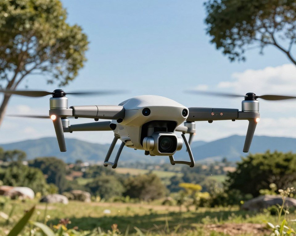 A futuristic drone equipped with advanced intelligent features is shown prominently in the foreground, showcasing its sleek design and high-resolution camera. The drone is hovering gracefully, with illuminated sensors and navigational lights. In the middle ground, a scenic outdoor setting reveals a lush landscape, dotted with trees and a clear blue sky, creating a sense of freedom and exploration. The background features a distant mountain range, adding depth to the scene. Bright, natural sunlight casts dynamic shadows, enhancing the drone's metallic surfaces. The atmosphere conveys innovation and excitement, highlighting the intelligence and capabilities of modern drones, perfectly suited for aerial photography and adventurous flight modes. A futuristic drone equipped with advanced intelligent features is shown prominently in the foreground, showcasing its sleek design and high-resolution camera. The drone is hovering gracefully, with illuminated sensors and navigational lights. In the middle ground, a scenic outdoor setting reveals a lush landscape, dotted with trees and a clear blue sky, creating a sense of freedom and exploration. The background features a distant mountain range, adding depth to the scene. Bright, natural sunlight casts dynamic shadows, enhancing the drone's metallic surfaces. The atmosphere conveys innovation and excitement, highlighting the intelligence and capabilities of modern drones, perfectly suited for aerial photography and adventurous flight modes.
