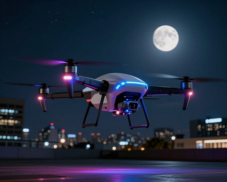A futuristic drone equipped with vibrant LED lights, hovering in a nighttime urban environment. In the foreground, the drone showcases its sleek design with illuminated rotors casting colorful reflections on nearby surfaces. The middle ground features a city skyline under a starry sky, enhanced with soft ambient lighting that adds depth and intrigue. In the background, a full moon illuminates the scene, creating a captivating contrast against the darkness. The lighting highlights the drone's technical features, emphasizing its innovative design and capabilities. The mood is adventurous and high-tech, showcasing the potential of LED-equipped drones for night flights, with an emphasis on safety and visibility. The composition is shot from a low angle, providing a dynamic perspective. A futuristic drone equipped with vibrant LED lights, hovering in a nighttime urban environment. In the foreground, the drone showcases its sleek design with illuminated rotors casting colorful reflections on nearby surfaces. The middle ground features a city skyline under a starry sky, enhanced with soft ambient lighting that adds depth and intrigue. In the background, a full moon illuminates the scene, creating a captivating contrast against the darkness. The lighting highlights the drone's technical features, emphasizing its innovative design and capabilities. The mood is adventurous and high-tech, showcasing the potential of LED-equipped drones for night flights, with an emphasis on safety and visibility. The composition is shot from a low angle, providing a dynamic perspective.