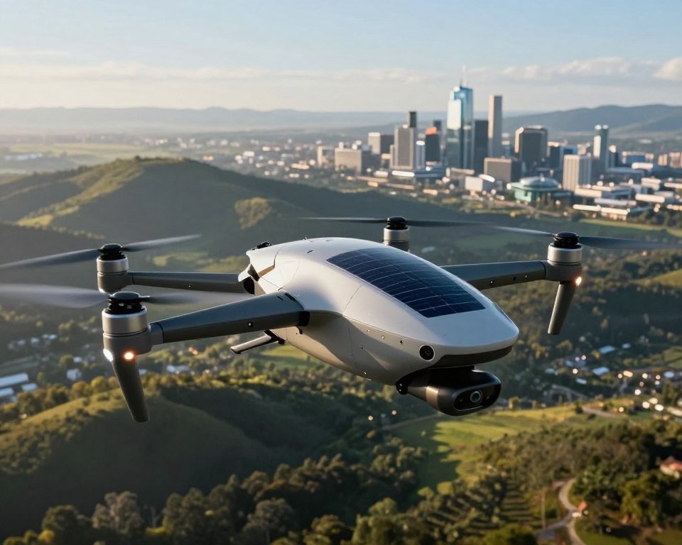 A futuristic drone mid-flight, showcasing advanced battery technology and energy optimization features. In the foreground, the drone is depicted with sleek, aerodynamic lines, highlighting solar panels and LED indicators glowing softly. The middle ground features a lush aerial landscape, with rolling hills and a clear blue sky, emphasizing the drone's efficient operation in a natural environment. In the background, a panoramic view of a high-tech city, symbolizing innovation and progress. The lighting is warm and inviting, with soft sunlight casting shadows, creating a serene yet dynamic atmosphere. The composition should inspire a sense of efficiency and sophistication in drone technology, with a focus on battery longevity and sustainability.