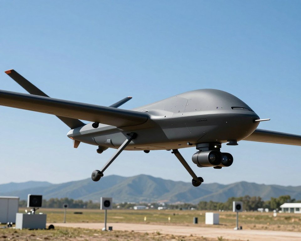 A futuristic military drone with advanced precision sensors is hovering against a clear blue sky, showcasing its sleek, angular design and matte black finish. In the foreground, the focus is on the drone's intricate sensor array, glinting with subtle LED lights indicating its high-tech functionalities. The middle ground features an open field, dotted with targets and monitoring equipment to demonstrate the drone's operational environment. In the background, a distant mountain range provides depth, under a bright sun illuminating the scene with natural light. The atmosphere is tense yet thrilling, emphasizing cutting-edge technology and innovation in aerospace engineering, captured from a low-angle perspective to highlight the drone’s dominance. A futuristic military drone with advanced precision sensors is hovering against a clear blue sky, showcasing its sleek, angular design and matte black finish. In the foreground, the focus is on the drone's intricate sensor array, glinting with subtle LED lights indicating its high-tech functionalities. The middle ground features an open field, dotted with targets and monitoring equipment to demonstrate the drone's operational environment. In the background, a distant mountain range provides depth, under a bright sun illuminating the scene with natural light. The atmosphere is tense yet thrilling, emphasizing cutting-edge technology and innovation in aerospace engineering, captured from a low-angle perspective to highlight the drone’s dominance.