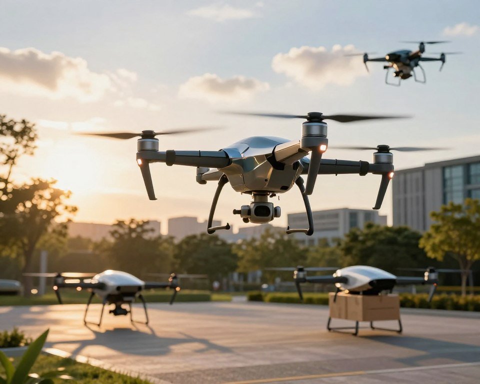 A futuristic outdoor landscape showcasing advanced technological innovations in drones. In the foreground, a sleek, high-tech drone with a shiny metallic body is hovering gracefully, its propellers spinning quietly. In the middle ground, several other drones of varying designs are engaged in sophisticated tasks, such as delivering packages and capturing aerial images. The background features a vibrant sky during golden hour, with warm sunlight casting dynamic shadows. Tall trees and modern buildings provide context, symbolizing urban integration. The scene captures an atmosphere of innovation and progress, highlighting the cutting-edge features and benefits of outdoor drones. Soft focus on the background elements enhances the central subject, allowing viewers to appreciate the technological advancements seamlessly integrated into everyday life. A futuristic outdoor landscape showcasing advanced technological innovations in drones. In the foreground, a sleek, high-tech drone with a shiny metallic body is hovering gracefully, its propellers spinning quietly. In the middle ground, several other drones of varying designs are engaged in sophisticated tasks, such as delivering packages and capturing aerial images. The background features a vibrant sky during golden hour, with warm sunlight casting dynamic shadows. Tall trees and modern buildings provide context, symbolizing urban integration. The scene captures an atmosphere of innovation and progress, highlighting the cutting-edge features and benefits of outdoor drones. Soft focus on the background elements enhances the central subject, allowing viewers to appreciate the technological advancements seamlessly integrated into everyday life.